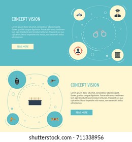 Flat Icons Walkie-Talkie, Warning Strip, Manacles And Other Vector Elements. Set Of Crime Flat Icons Symbols Also Includes Policeman, Jail, Warning Objects.