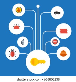 Flat Icons Walkie-Talkie, Worker, Brick Wall And Other Vector Elements. Set Of Security Flat Icons Symbols Also Includes Phone, Remote, Stop Objects.