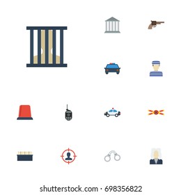 Flat Icons Warning Strip, Building, Lawyer And Other Vector Elements. Set Of Crime Flat Icons Symbols Also Includes Human, Police, Pistol Objects.
