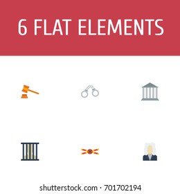 Flat Icons Warning Strip, Jail, Manacles And Other Vector Elements. Set Of Crime Flat Icons Symbols Also Includes Judge, Hammer, Man Objects.