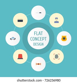 Flat Icons Warning Strip, Officer Emblem, Automobile And Other Vector Elements. Set Of Crime Flat Icons Symbols Also Includes Jury, Fingermark, Siren Objects.