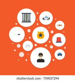 Flat Icons Warning Strip, Officer Emblem, Police Car And Other Vector Elements. Set Of Crime Flat Icons Symbols Also Includes Flasher, Warning, Emblem Objects.