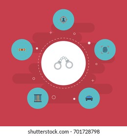 Flat Icons Warning Strip, Thumbprint, Manacles And Other Vector Elements. Set Of Crime Flat Icons Symbols Also Includes Warning, Fingerprint, Jail Objects.