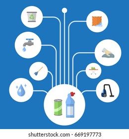 Flat Icons Washcloth, Garbage Container, Sweeper And Other Vector Elements. Set Of Cleaning Flat Icons Symbols Also Includes Cleaner, Cleaning, Clean Objects.