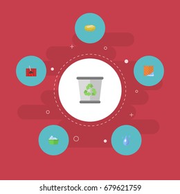 Flat Icons Washcloth, Garbage Container, Laundry And Other Vector Elements. Set Of Cleaning Flat Icons Symbols Also Includes Water, Trash, Junk Objects.