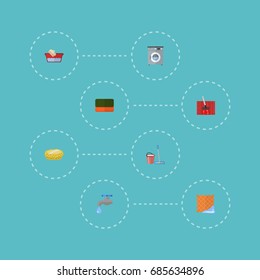 Flat Icons Washcloth, Mopping, Wisp And Other Vector Elements. Set Of Hygiene Flat Icons Symbols Also Includes Hand, Besom, Basin Objects.