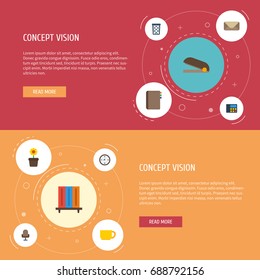 Flat Icons Watch, Letter, Puncher And Other Vector Elements. Set Of Office Flat Icons Symbols Also Includes Watch, Clock, Clip Objects.