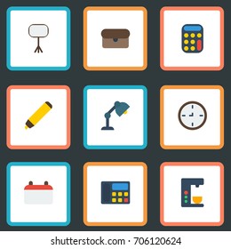 Flat Icons Watch, Phone, Suitcase And Other Vector Elements. Set Of Workspace Flat Icons Symbols Also Includes Calculate, Suitcase, Clock Objects.