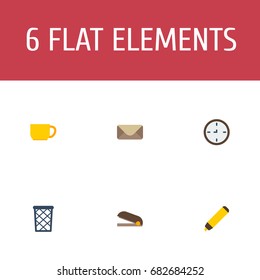 Flat Icons Watch, Trash Basket, Puncher And Other Vector Elements. Set Of Bureau Flat Icons Symbols Also Includes Tea, Draw, Wastebasket Objects.