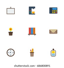 Flat Icons Watch, Whiteboard, Espresso Machine And Other Vector Elements. Set Of Workspace Flat Icons Symbols Also Includes Bookshelf, Identification, Bookcase Objects.