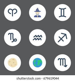 Flat Icons Water Bearer, Comet, Goat And Other Vector Elements. Set Of  Flat Icons Symbols Also Includes Ram, Augur, Horoscope Objects.