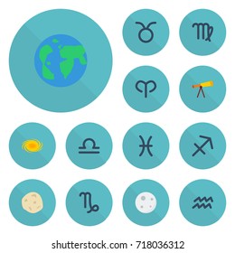 Flat Icons Water Bearer, Fishes, Scales And Other Vector Elements. Set Of Astrology Flat Icons Symbols Also Includes Comet, Taurus, Cosmos Objects.