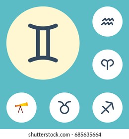 Flat Icons Water Bearer, Ram, Optics And Other Vector Elements. Set Of Astronomy Flat Icons Symbols Also Includes Bull, Sagittarius, Zigzag Objects.