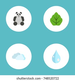 Flat Icons Water, Foliage, Bear And Other Vector Elements. Set Of Eco Flat Icons Symbols Also Includes Panda, Clouds, Blob Objects.