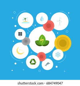 Flat Icons Water, Isle Beach, Winter Snow And Other Vector Elements. Set Of Environment Flat Icons Symbols Also Includes Night, Wind, Conservation Objects.