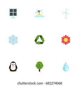 Flat Icons Water, Sun Power, Electric Mill And Other Vector Elements. Set Of Nature Flat Icons Symbols Also Includes Blob, Snow, Water Objects.