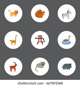 Flat Icons Waterbird, Camelopard, Wildcat And Other Vector Elements. Set Of Alive Flat Icons Symbols Also Includes Nut, Gorilla, Hippopotamus Objects.