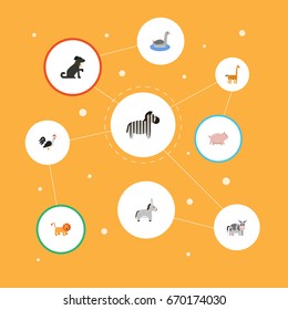 Flat Icons Waterbird, Wildcat, Swine And Other Vector Elements. Set Of Zoo Flat Icons Symbols Also Includes Forest, Lion, Jackass Objects.