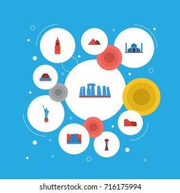 Flat Icons Waterfall, Coliseum, The Forbidden City And Other Vector Elements. Set Of Landmarks Flat Icons Symbols Also Includes Statue, City, Taj Objects.
