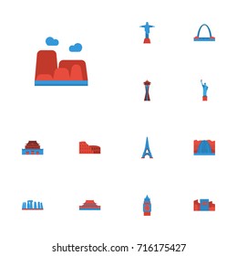 Flat Icons Waterfall, London, Architecture And Other Vector Elements. Set Of Landmarks Flat Icons Symbols Also Includes Square, Arch, Canyon Objects.