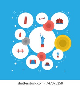 Flat Icons Waterfall, Moscow, Pisa And Other Vector Elements. Set Of Monument Flat Icons Symbols Also Includes Christ, Rio, Liberty Objects.
