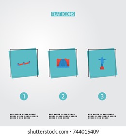 Flat Icons Waterfall, Rio, China And Other Vector Elements. Set Of Monument Flat Icons Symbols Also Includes Rio, China, Wall Objects.