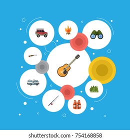 Flat Icons Weapon, Caravan, Zoom And Other Vector Elements. Set Of Encampment Flat Icons Symbols Also Includes Life, Glass, Camper Objects.
