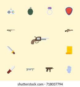 Flat Icons Weapon, Dynamite, Game And Other Vector Elements. Set Of Gaming Flat Icons Symbols Also Includes Blade, Pistol, Keypad Objects.