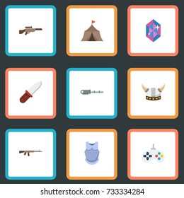 Flat Icons Weapon, Game, Assault Rifle And Other Vector Elements. Set Of Gaming Flat Icons Symbols Also Includes Armor, Body, Gem Objects.