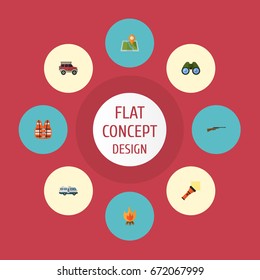Flat Icons Weapon, Lighter, Location And Other Vector Elements. Set Of Encampment Flat Icons Symbols Also Includes Bonfire, Gun, Torch Objects.
