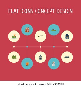Flat Icons Weapon, Location, Lifesaver And Other Vector Elements. Set Of Camp Flat Icons Symbols Also Includes Life, Location, Map Objects.