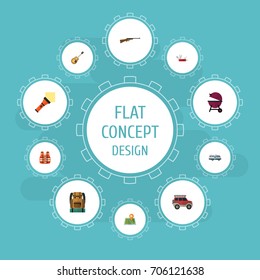 Flat Icons Weapon, Penknife, Suv And Other Vector Elements. Set Of Encampment Flat Icons Symbols Also Includes Guitar, Knife, Rifle Objects.