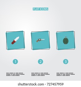 Flat Icons Weapon, Revolver, Dynamite And Other Vector Elements. Set Of Gaming Flat Icons Symbols Also Includes Gun, Infantry, Pistol Objects.