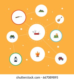 Flat Icons Weapon, Zoom, Suv And Other Vector Elements. Set Of Encampment Flat Icons Symbols Also Includes Rifle, Balefire, Kerosene Objects.
