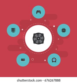 Flat Icons Web Cam, Datacenter, Monitor And Other Vector Elements. Set Of Computer Flat Icons Symbols Also Includes Fan, Ventilator, Web Objects.