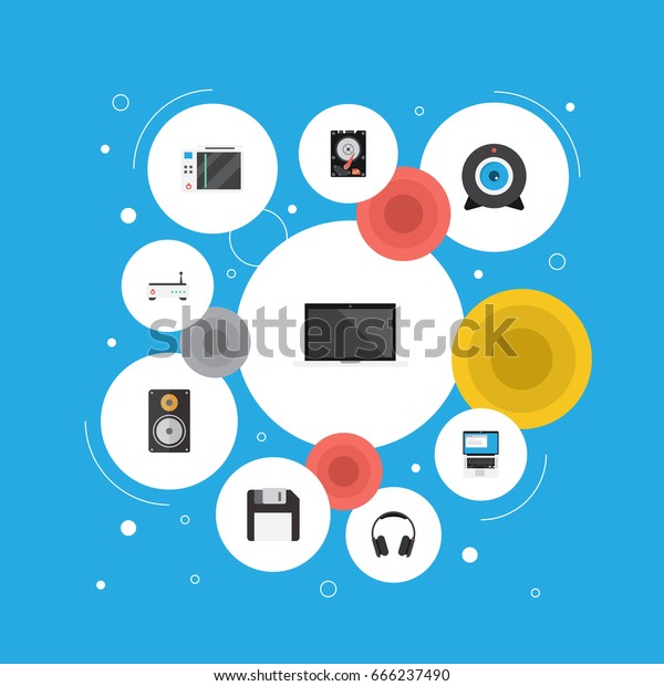 Flat Icons Web Cam, Diskette, Slot\
Machine And Other Vector Elements. Set Of Computer Flat Icons\
Symbols Also Includes Router, Wifi, Broadcast\
Objects.