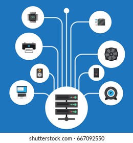 Flat Icons Web Cam, Microprocessor, System Unit And Other Vector Elements. Set Of Computer Flat Icons Symbols Also Includes Microprocessor, Printing, Ventilator Objects.