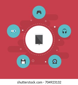 Flat Icons Web Cam, Palmtop, Diskette And Other Vector Elements. Set Of Computer Flat Icons Symbols Also Includes Earphone, Camera, Controller Objects.