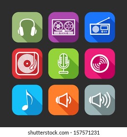 flat icons for web and mobile applications with musical items(flat design with long shadows) 