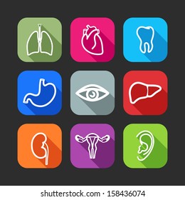 flat icons for web and mobile applications with human organs (flat design with long shadows) 