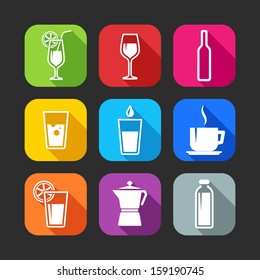 flat icons for web and mobile applications with beverages (flat design with long shadows) 