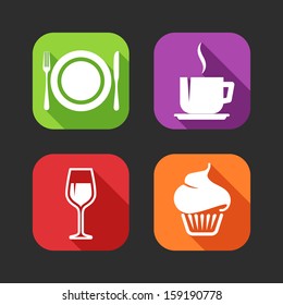 iconos planos para aplicaciones web y móviles con signos de comida (diseño plano con sombras largas)