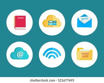 Flat icons for web and mobile applications. Leather notebook, cloud storage, mail letter, online storage, wireless connection, folder with digital data. Internet signs symbols. Vector flat style