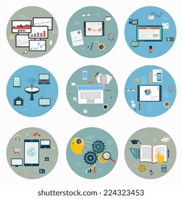 Flat icons for web and mobile, business strategy, concept mobile applications, journalism, workspace