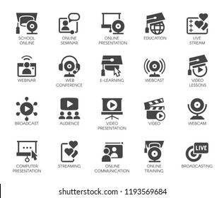 Flat icons of webinars, online education. web conferences, remote video meetings. Modern Internet technologies and communications label series. Global network concept set. Vector illustration isolated