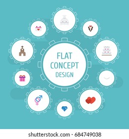Flat Icons Wedding Gown, Bridegroom Dress, Jewelry And Other Vector Elements. Set Of Wedding Flat Icons Symbols Also Includes Suit, Calendar, Dress Objects.