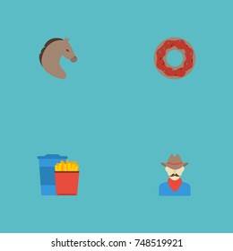 Flat Icons Western, Horse, Doughnut And Other Vector Elements. Set Of Usa Flat Icons Symbols Also Includes French, Drink, Mustang Objects.