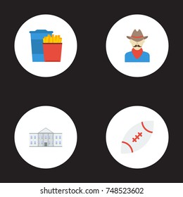 Flat Icons Western, Snack, White House And Other Vector Elements. Set Of Usa Flat Icons Symbols Also Includes Government, Western, White Objects.