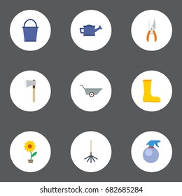 Flat Icons Wheelbarrow, Axe, Bucket And Other Vector Elements. Set Of Horticulture Flat Icons Symbols Also Includes Gumboots, Bottle, Barrow Objects.