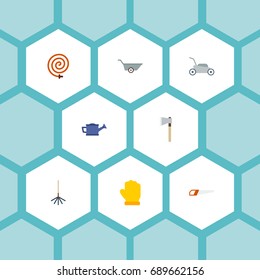Flat Icons Wheelbarrow, Rake, Garden Hose And Other Vector Elements. Set Of Gardening Flat Icons Symbols Also Includes Hatchet, Bailer, Wheelbarrow Objects.